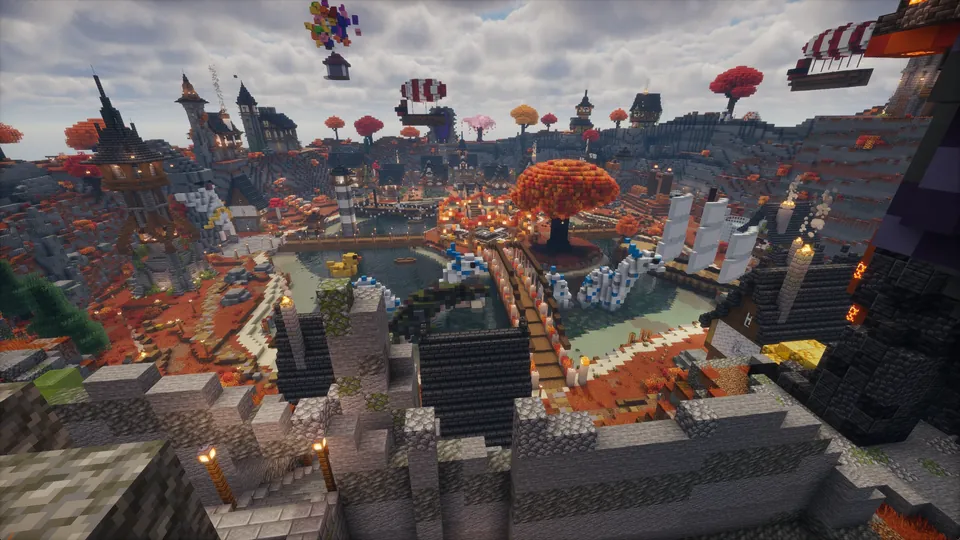 Die Lobby von CookieMc im Herbst, mit Luftschiffen über dem Dorf